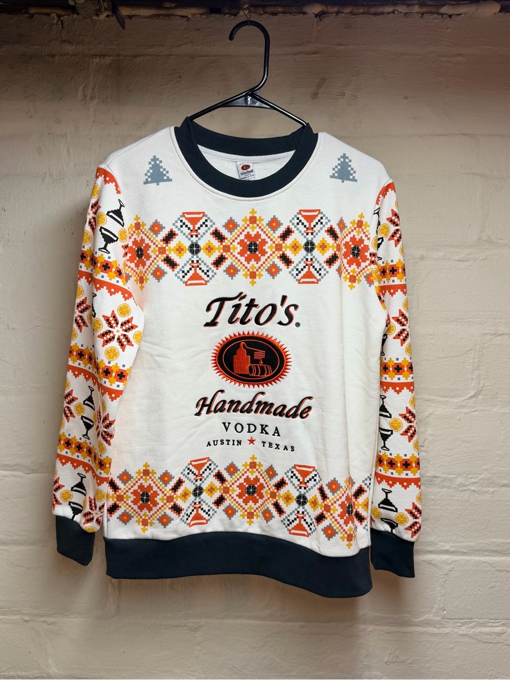 Tito's Handmade Vodka Crewneck Sweater in White with Orange Pattern